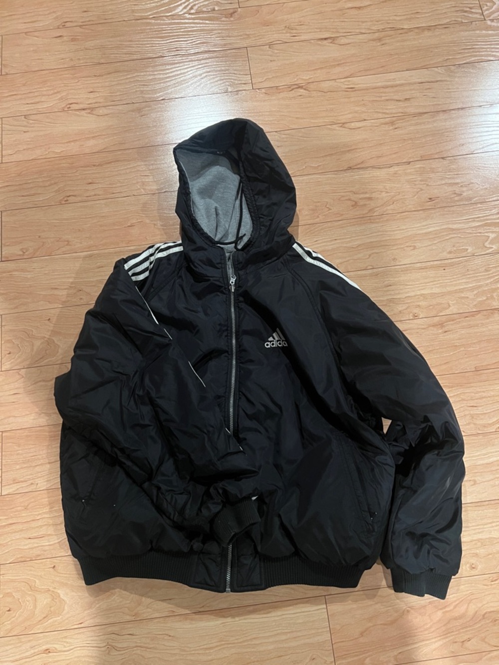 adidas Black Hooded Windbreaker with White 3-Stripes